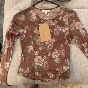Listicle Floral Long Sleeve Top - Brown and Green